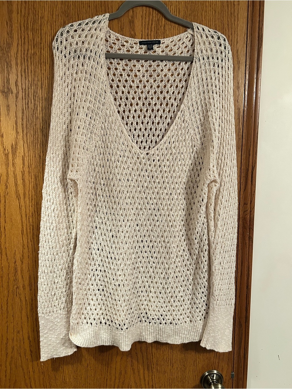American Eagle Outfitters Open-Knit V-Neck Sweater in Cream